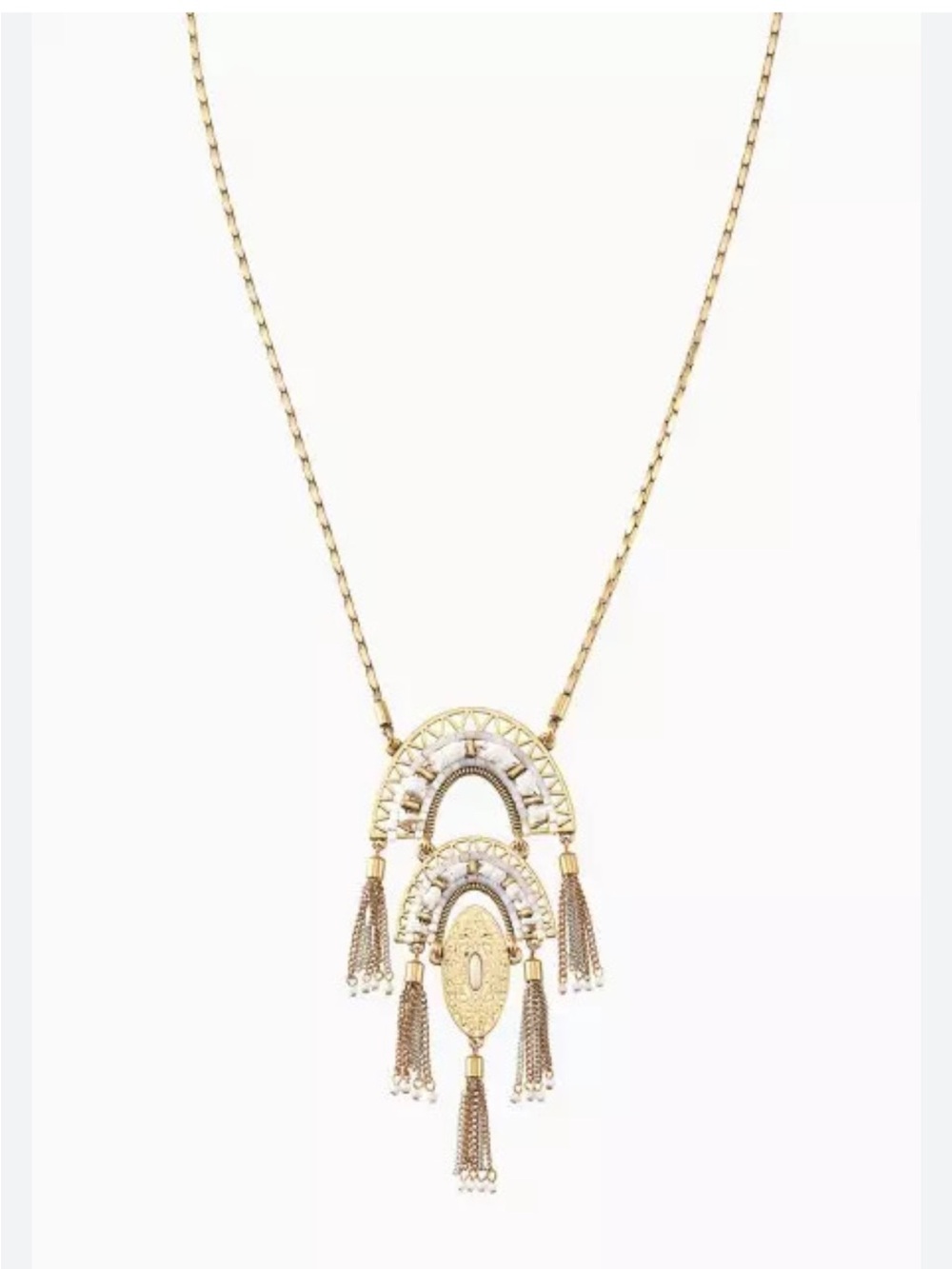 Stella & Dot Gold Pendant Necklace with White Bead Tassels - Picture 2 of 3